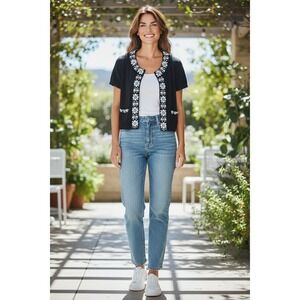 Nanette Lepore Black Knit Short Sleeve Cardigan Flower Embellishments Size M